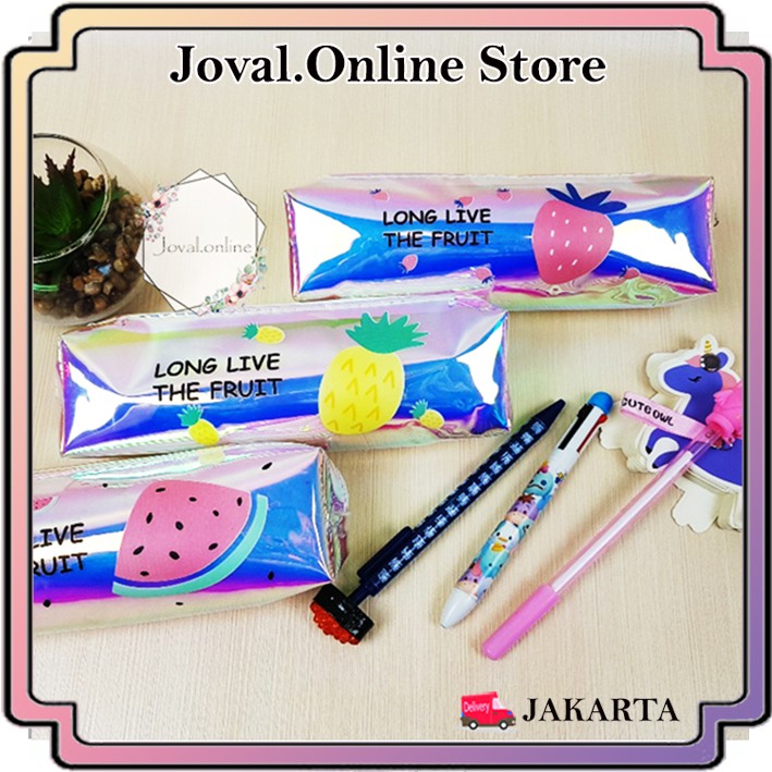 TEMPAT PENSIL HOLOGRAM TRANSPARANT MOTIF BUAH CUTE LUCU