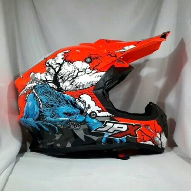 Jual helm JPX moto Cross trail ktm klx crf X14 Wolf Serigala red merah fluo stabilo gloss