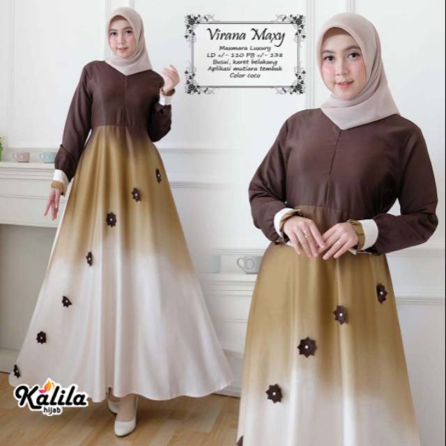 Jual Virana Maxy I Baju Gamis Warna Coklat Lembut Kombinasi Bahan Maxmara Luxury | Shopee Indonesia