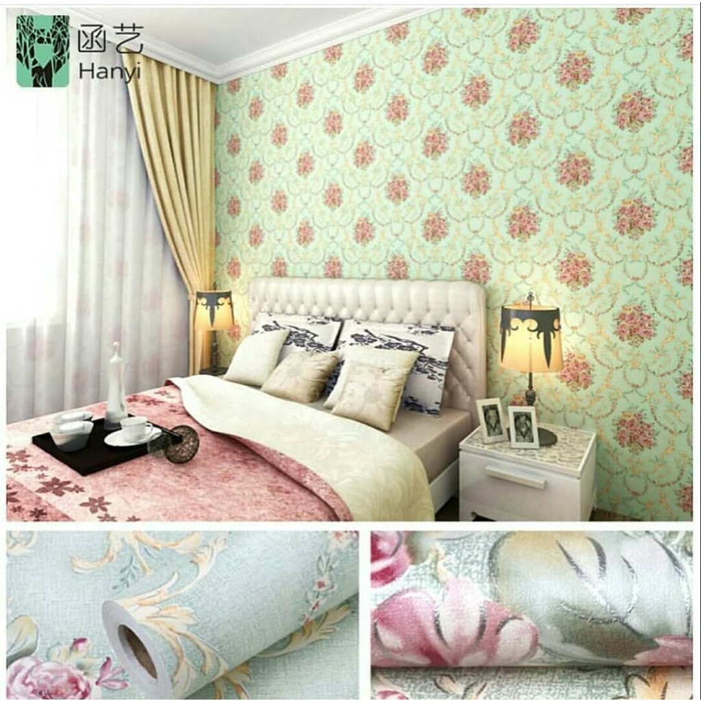 Jual Wallpaper Sticker Dinding Motif Bunga Shabby Tosca Ukuran Panajng