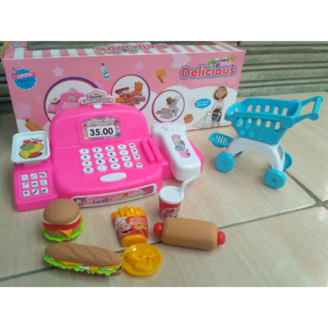 Jual Mainan Cash Register Supermarket Delicious / Mainan Kasir Kasiran Set Troli Supermarket Murah | Shopee Indonesia