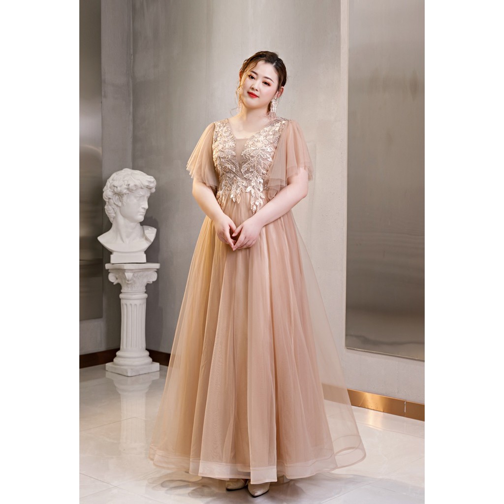 Jual Gaun Pesta 2108029 Big Size Coklat Muda Khaki Lengan Siku V Neck Party Dress | Shopee Indonesia