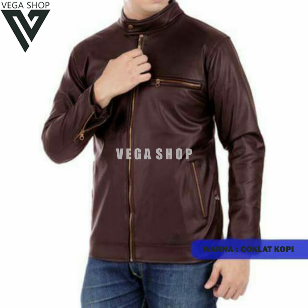 Jual Jaket Kulit Sintetis Pu Leather Polos Warna Coklat Kopi | Shopee Indonesia