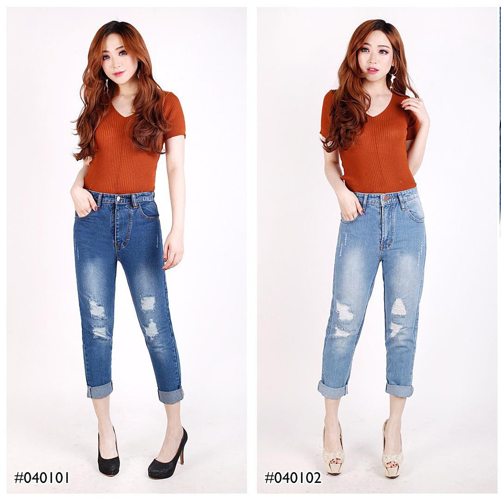 Boyfriend Ripped Jeans Murah (2 WARNA) NonStretch Biru Muda Biru Tua lapis furing Shopee