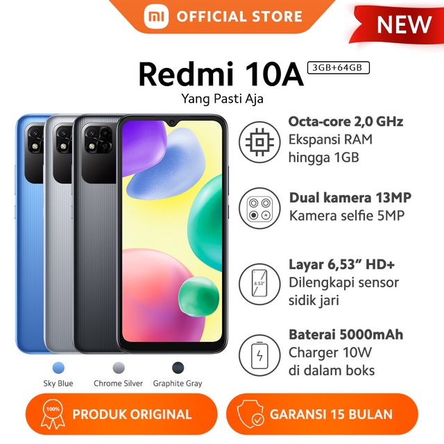Jual Xiaomi Redmi 10A (3GB+64GB) Kamera Ganda 13MP 5000mAh Layar Dot