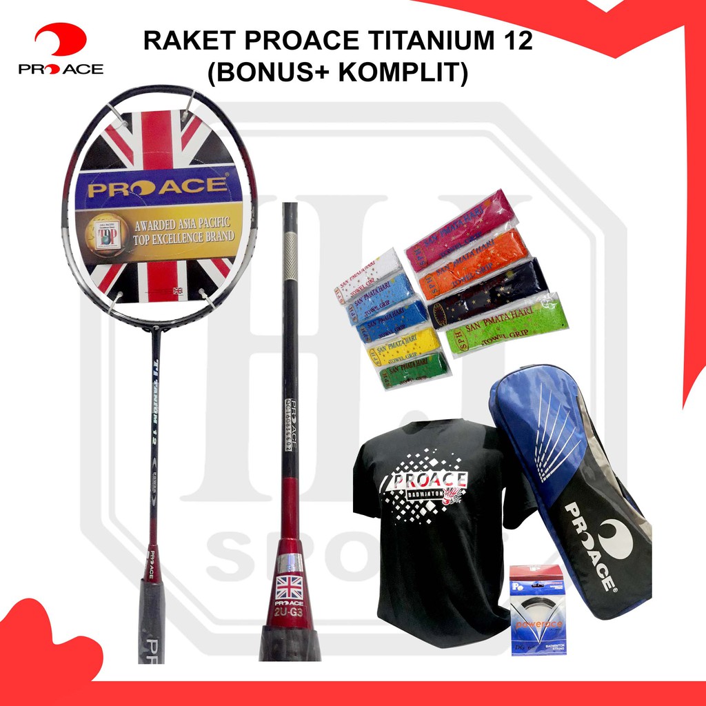Jual Raket Badminton Original Pro Ace Titanium 12 Bonus Komplit
