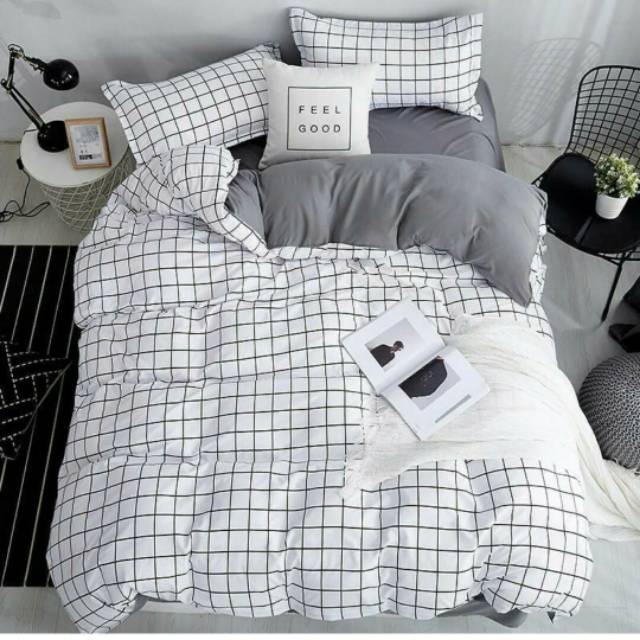 BED COVER SET FULL SET MOTIF AESTHETIC MOTIF KOTAK PUTIH MINIMALIS