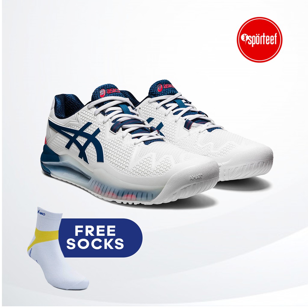 Jual Asics Gel Resolution 8 Tennis Shoes / Sepatu Tenis Original White - Mako Blue | Shopee Indonesia