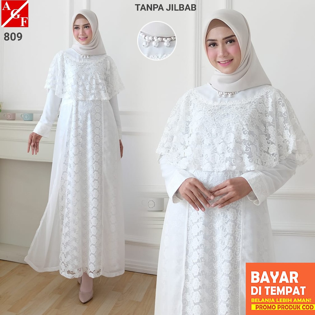 Agnes Baju Gamis Putih Wanita Brukat Busana Muslim Lebaran Umroh 809