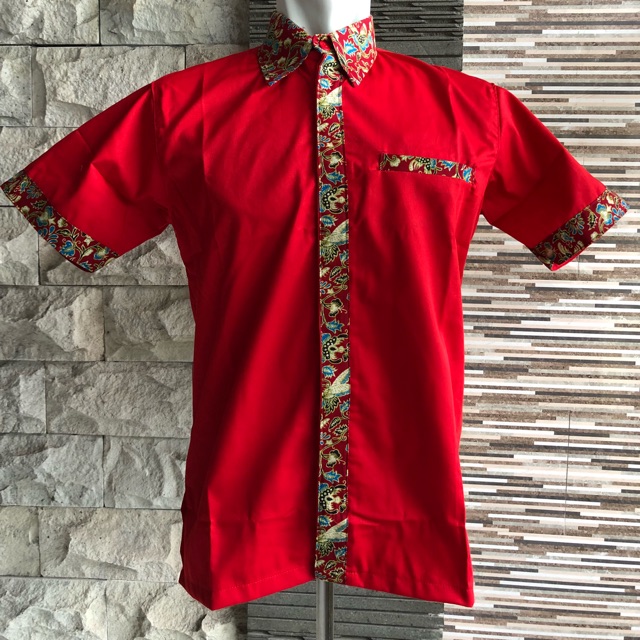 Jual Seragam kerja merah kombinasi batik- baju kerja batik(bisa tambah  bordir) baju cafe baju kantor Indonesia|Shopee Indonesia