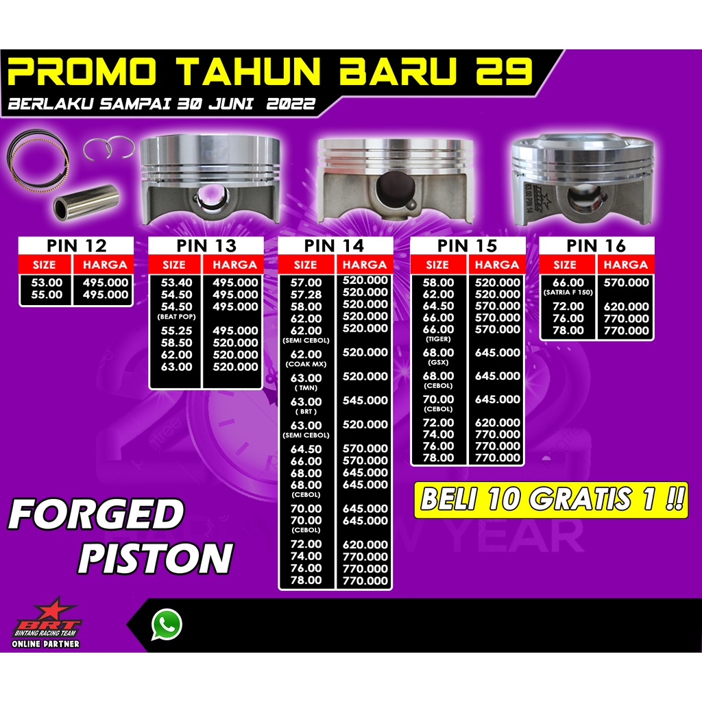 Jual PISTON BRT PIN 12 PIN 13 PIN 14 PIN 15 PIN 16 BINTANG RACING TEAM Indonesia