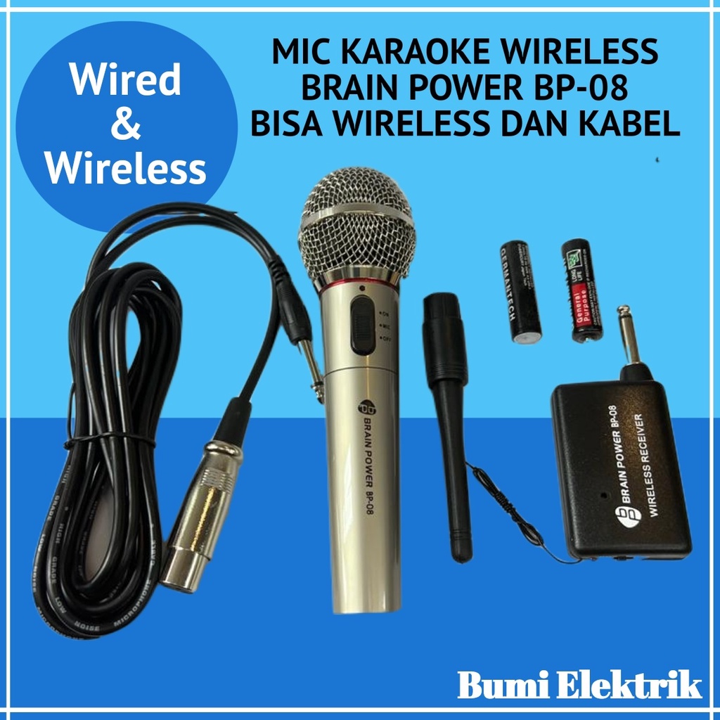 Jual Profesional Microphone Wireless Brain Power BP08 Mikrofon Bluetooth dan Kabel Mic