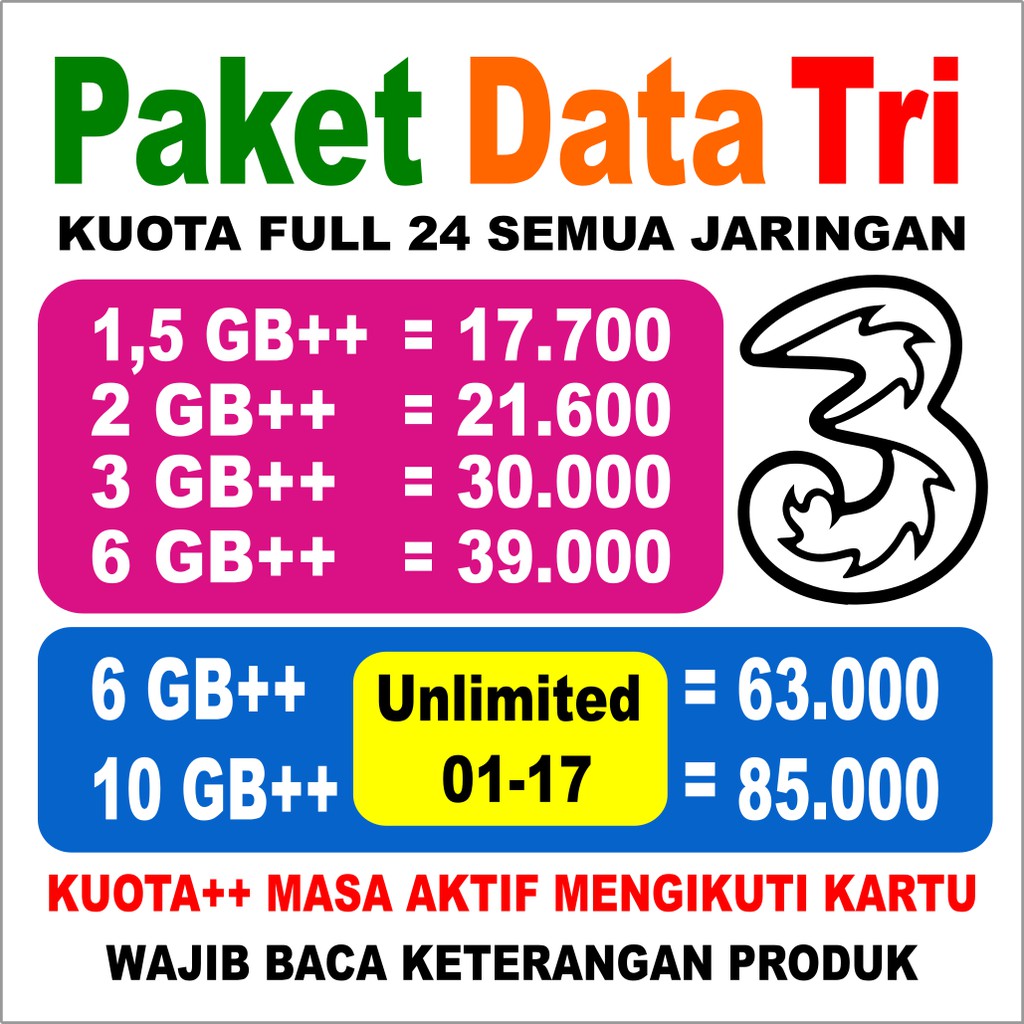 KUOTA 3 AON | PAKET DATA TRI | THREE ALWAYS ON ISI ULANG MURAH | Shopee  Indonesia
