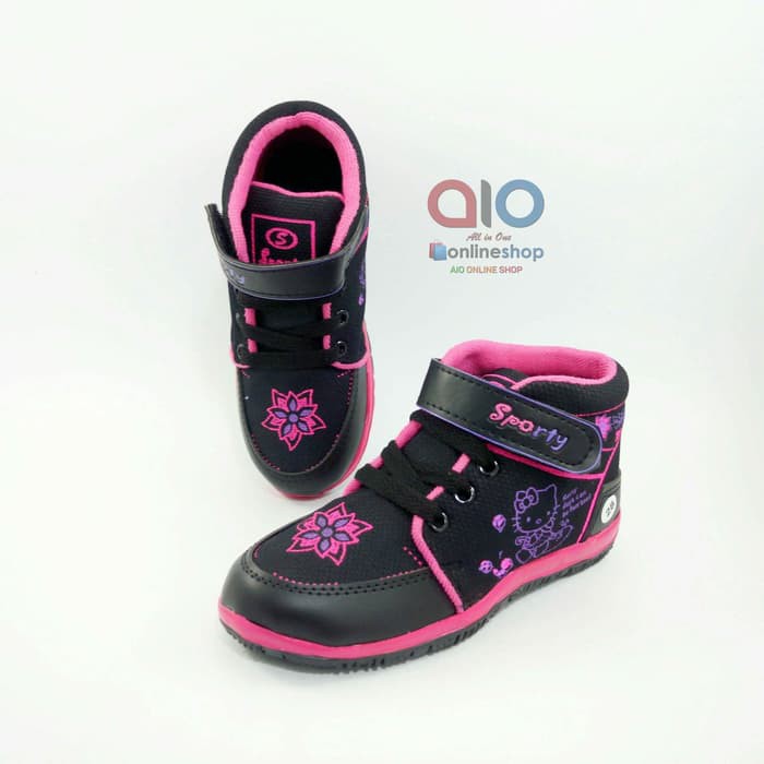 Sepatu Sekolah TK Paud Perempuan Hitam Pink HK Sporty Boot 26 30