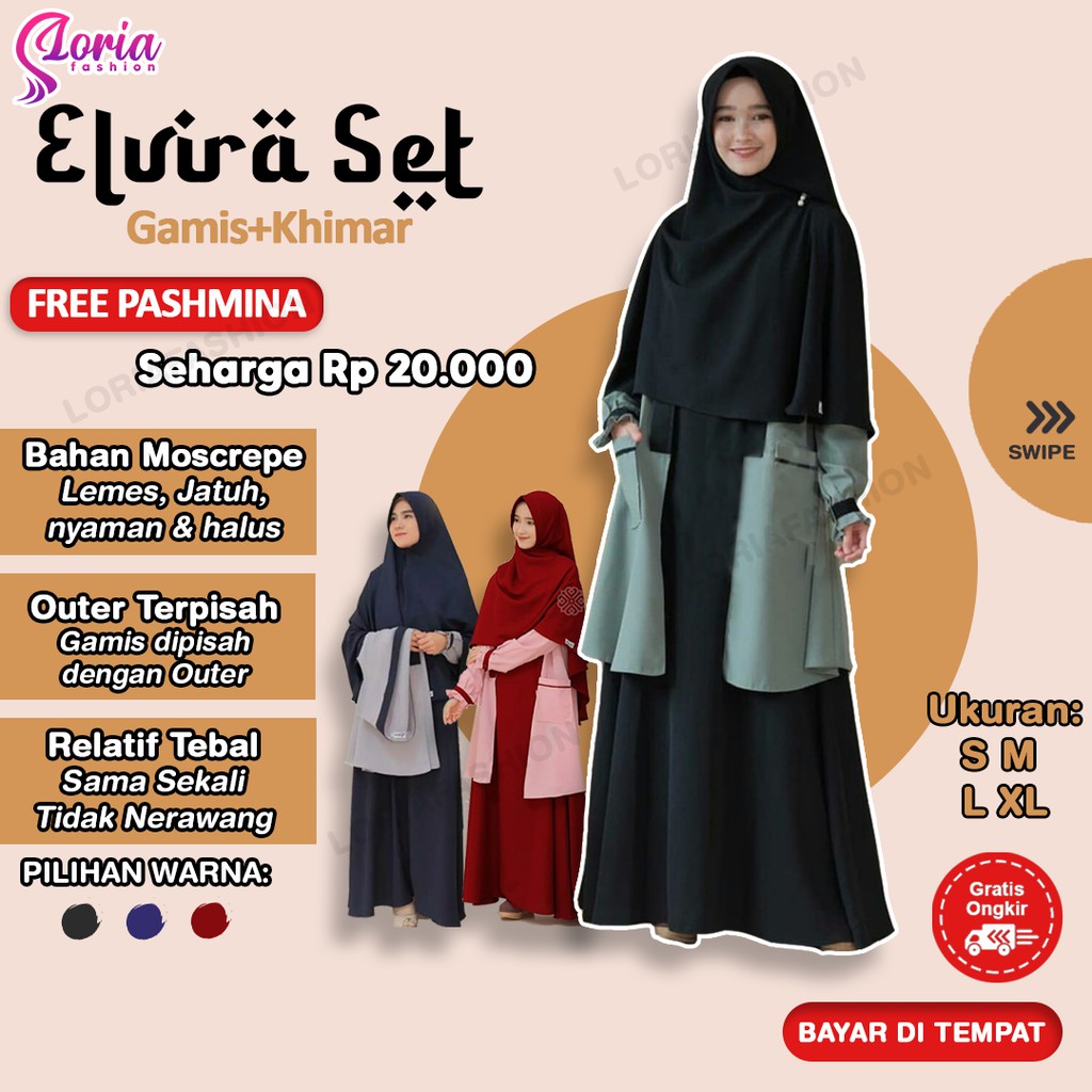 Baju Gamis Set Jilbab Kerudung Syari Remaja Terbaru 3in1 Gamis+Outer