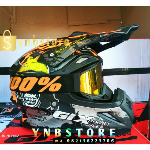Jual helm GIX moto Cross trail ktm klx crf Hunter tengkorak black doff orange plus goggle 100 2