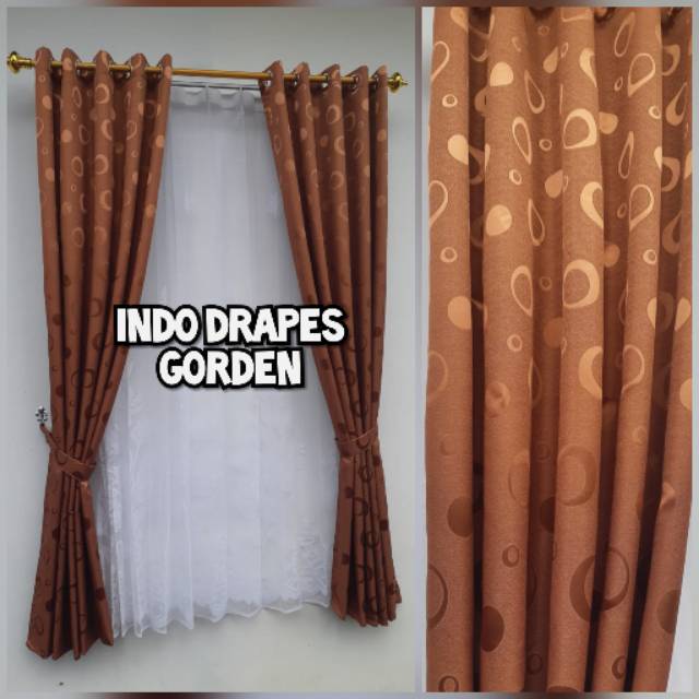 Gorden Jendela Minimalis Motif Polkadot Coklat Tua Model Smokring Murah