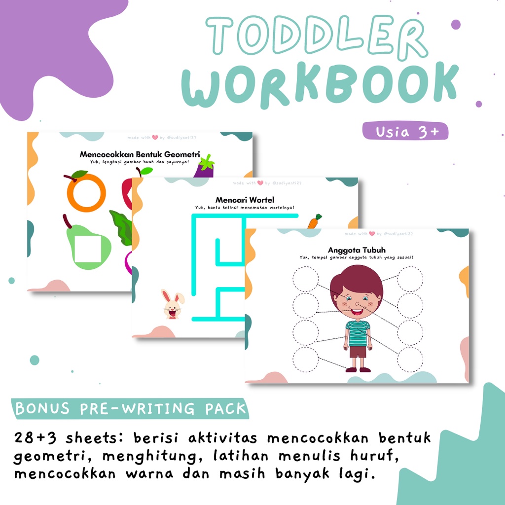 Jual Toddler Workbook | 31 Worksheets | Ages 3+ (Softcopy) Printable Anak, Edukasi Anak, Worksheet Anak Indonesia|Shopee Indonesia