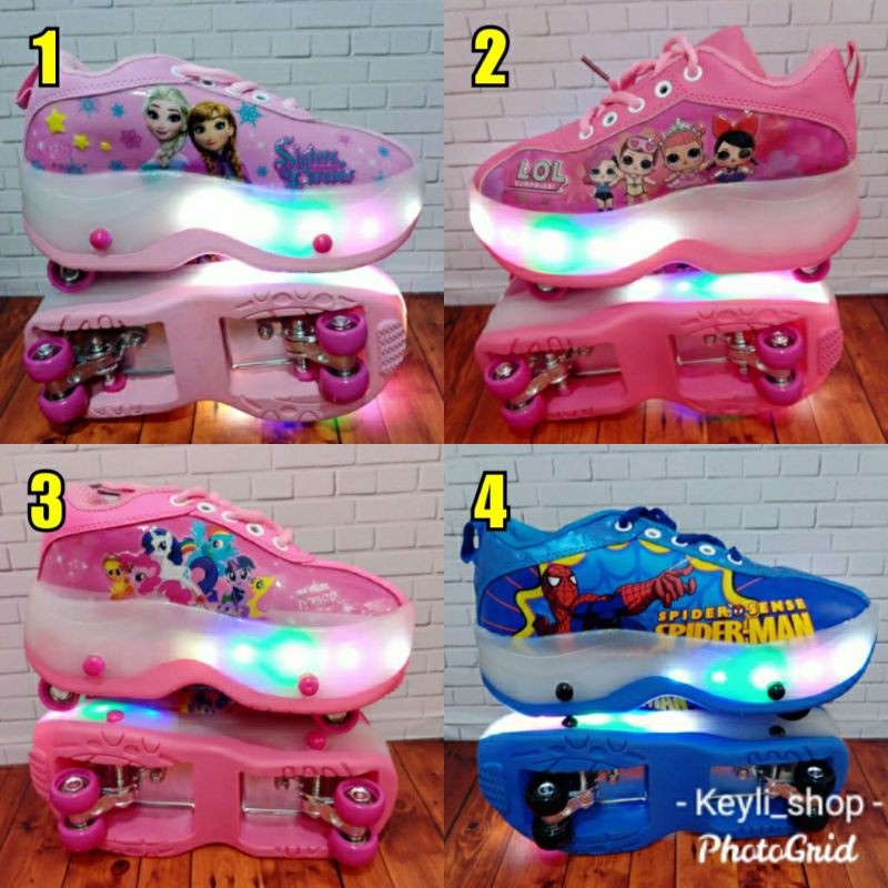 Sepatu Roda 4 Lampu Anak Cewe Cowo Frozen LOL My Little Pony Spiderman
