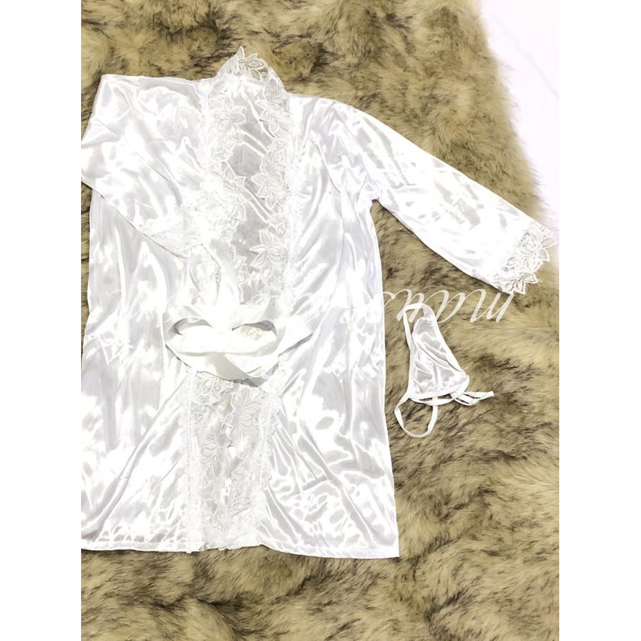 Jual Dita Lingerie Sexy Kimono Silk Robe Bathrobe + G String White