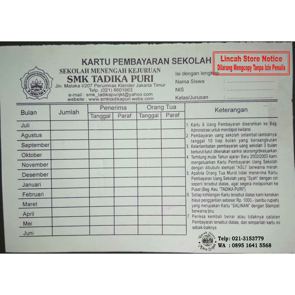 Cetak Kartu SPP Pembayaran Logo dan Nama Sekolah | Shopee Indonesia