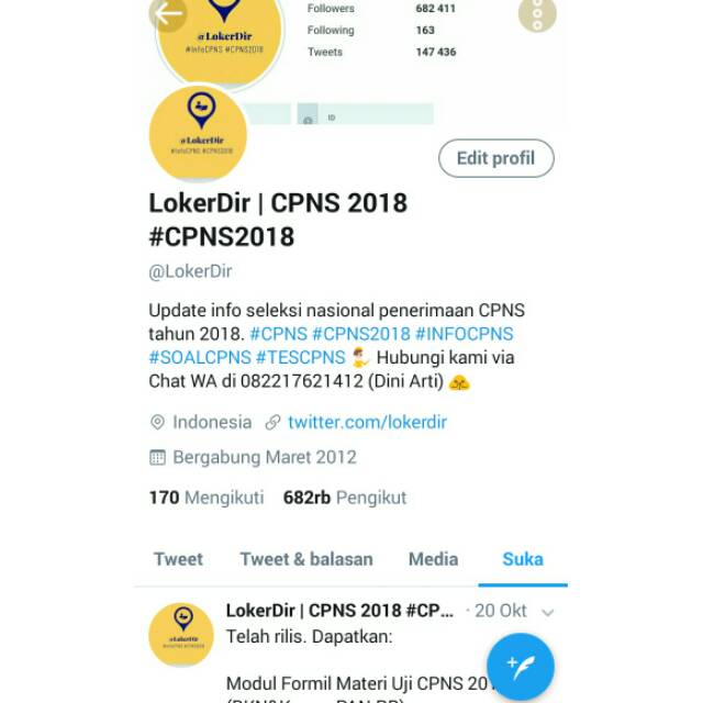 Jual Akun @LokerDir: Akun Sosmed Bertopik Karir-Info Lowongan Terbesar di  Indonesia (organik &amp; real) | Shopee Indonesia