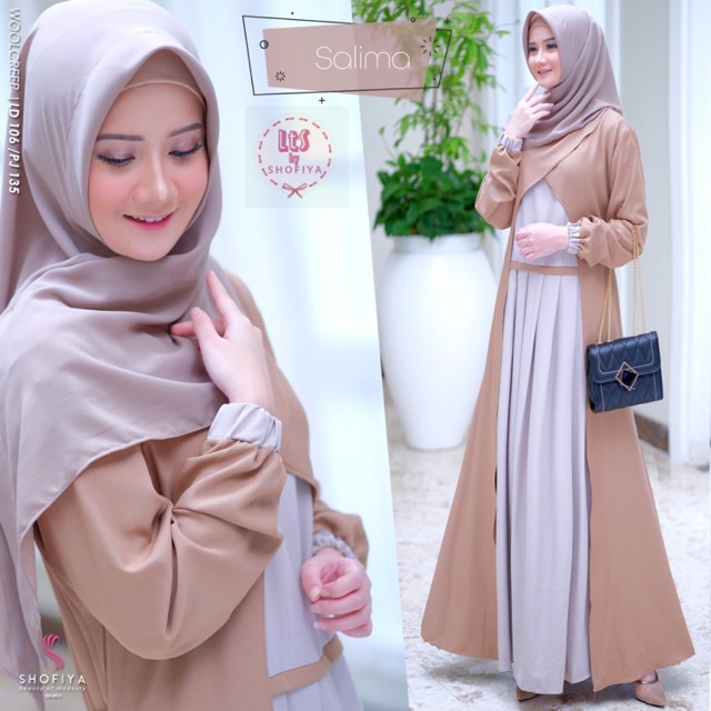 Jual Gamis Salima Dress Polos Kombinasi Dua Warna Coklat Silver Abu Busui Ori Shofiya | Shopee Indonesia