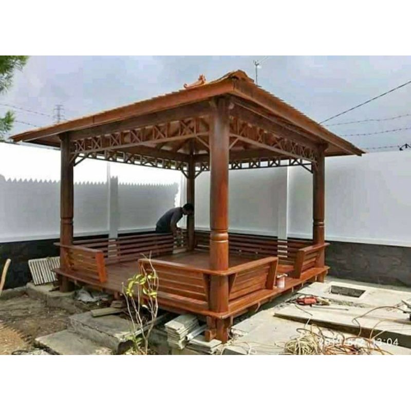Jual Gazebo Tiang Motif Pagar Keliling Ukuran 3x3 Meter Bahan Kayu
