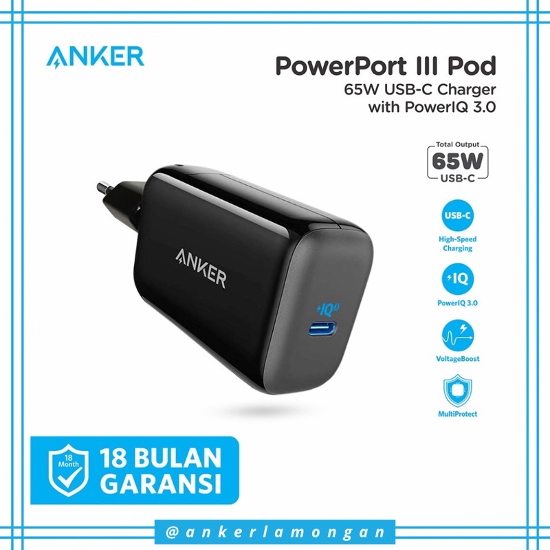 Jual Wall Charger Anker PowerPort III Pod 65W Usb Type C A2712 Travel Adaptor Cas USBC to C 65W