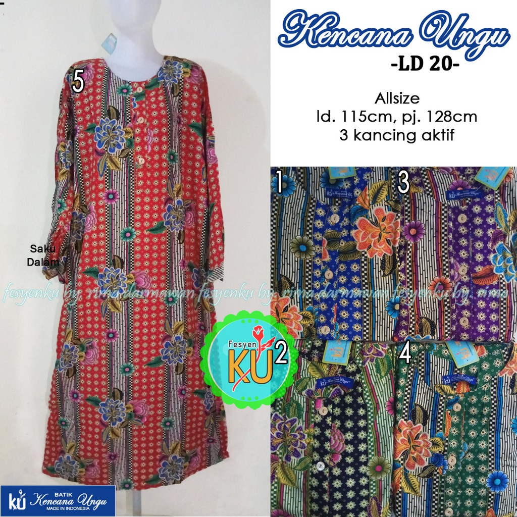 20 LONGDRESS BATIK KENCANA UNGU ASLI LABEL BIRU 3 KANCING DEPAN LENGAN
