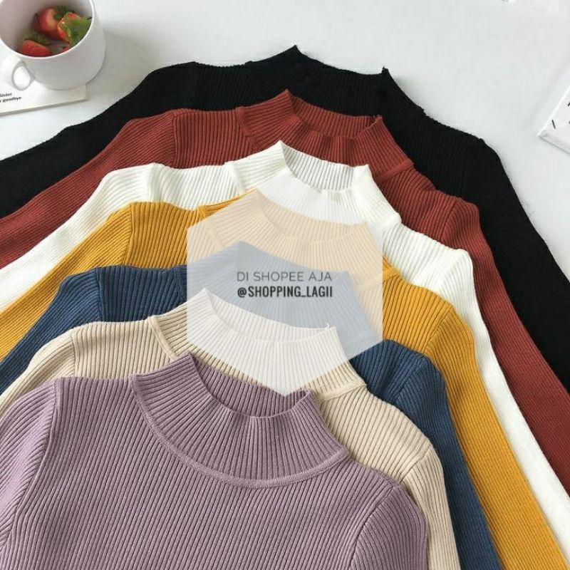 Kaos Polos Rib Rajut super premium turtle neck Lengan panjang Shopee