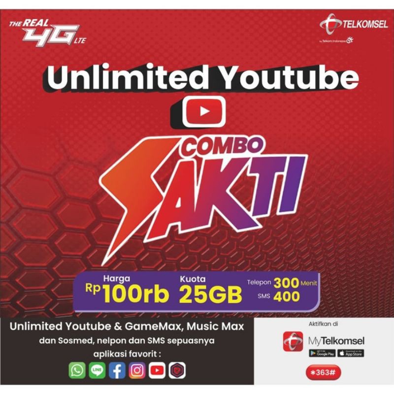 Kartu Sakti 25GB Combo Unlimited Youtube Telkomsel Sakti