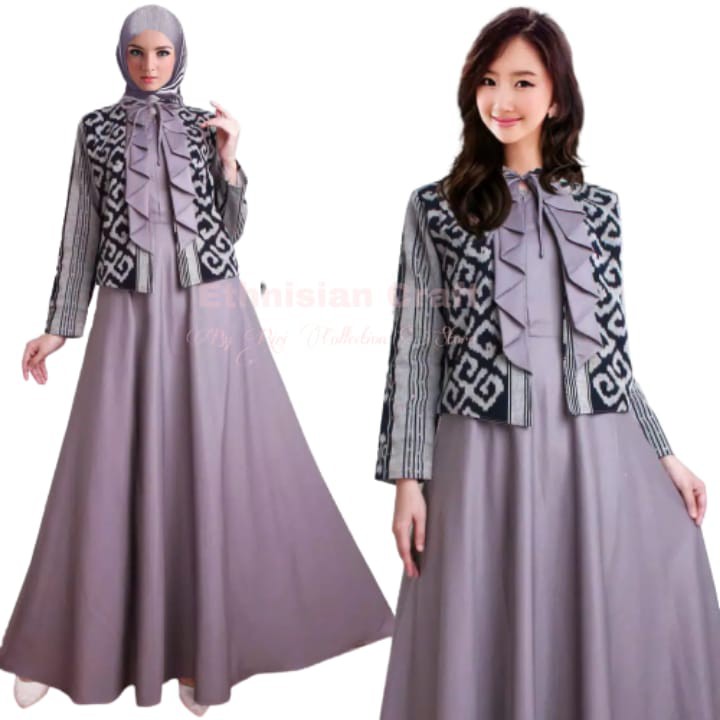 View Kombinasi Polos Model Gamis Kombinasi Kain Tenun Troso PNG Gamis