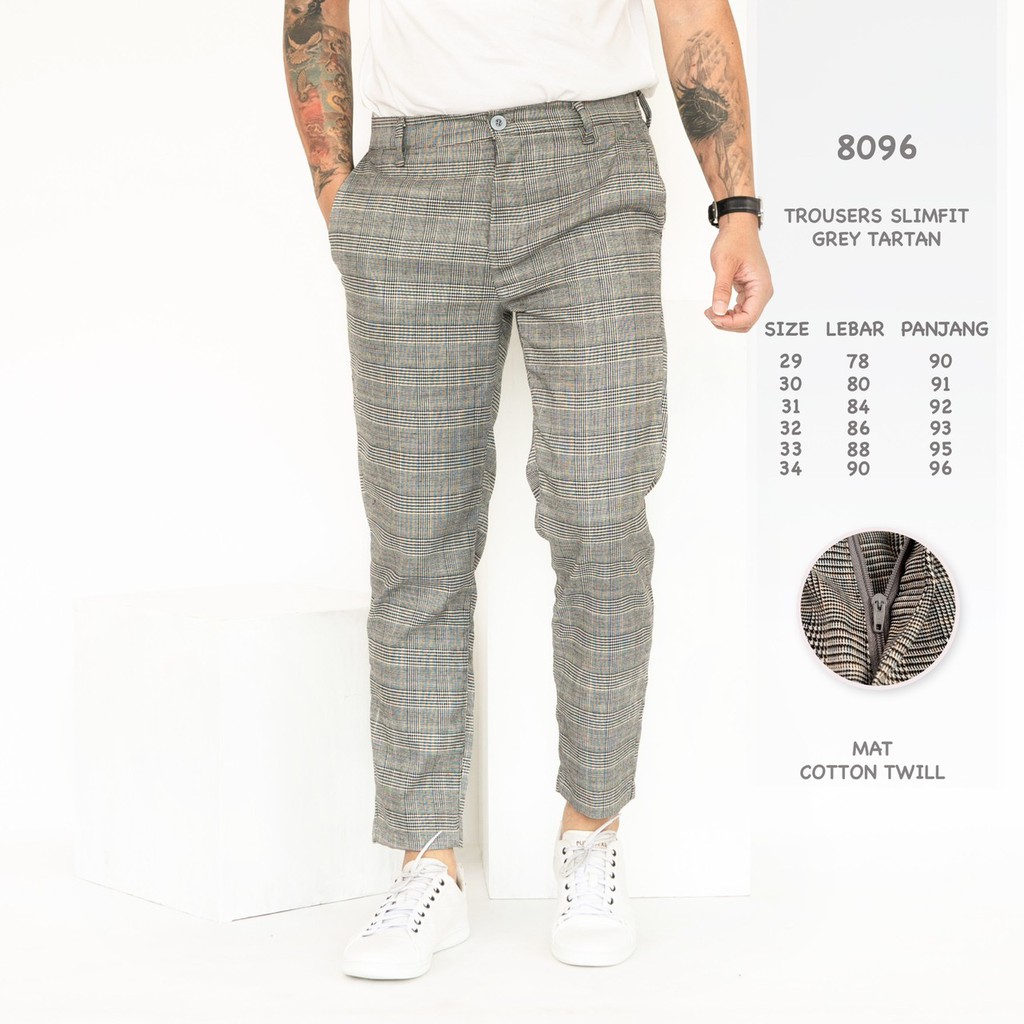 Credomenstore Celana Panjang Abu Tua Motif Kotak Kotak List / Celana Pria / Ankle Pants