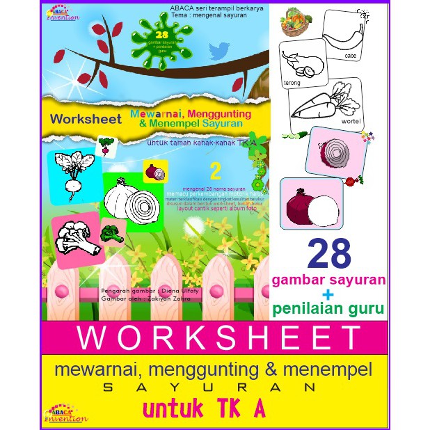 Worksheet Mewarnai Menggunting dan Menempel Sayuran
