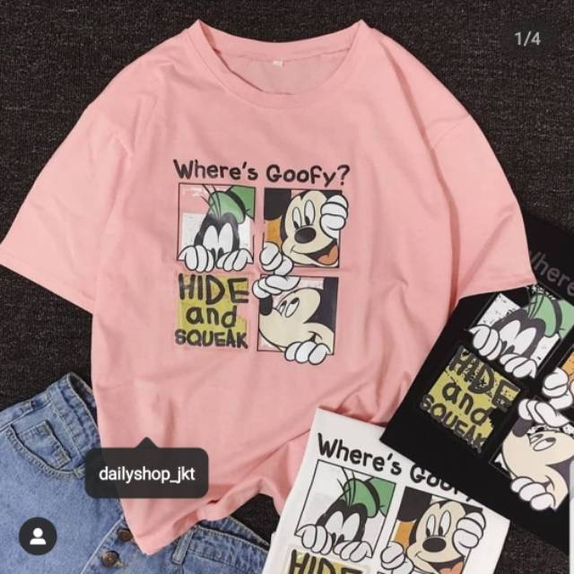 BAJU KAOS KATUN GOOFY MICKEY MOUSE LUCU PUTIH & PINK