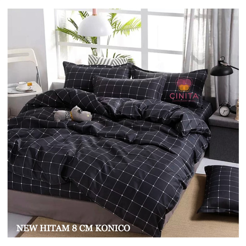 Cinita sprei set bahan mikrotex motif kotak Hitam Putih