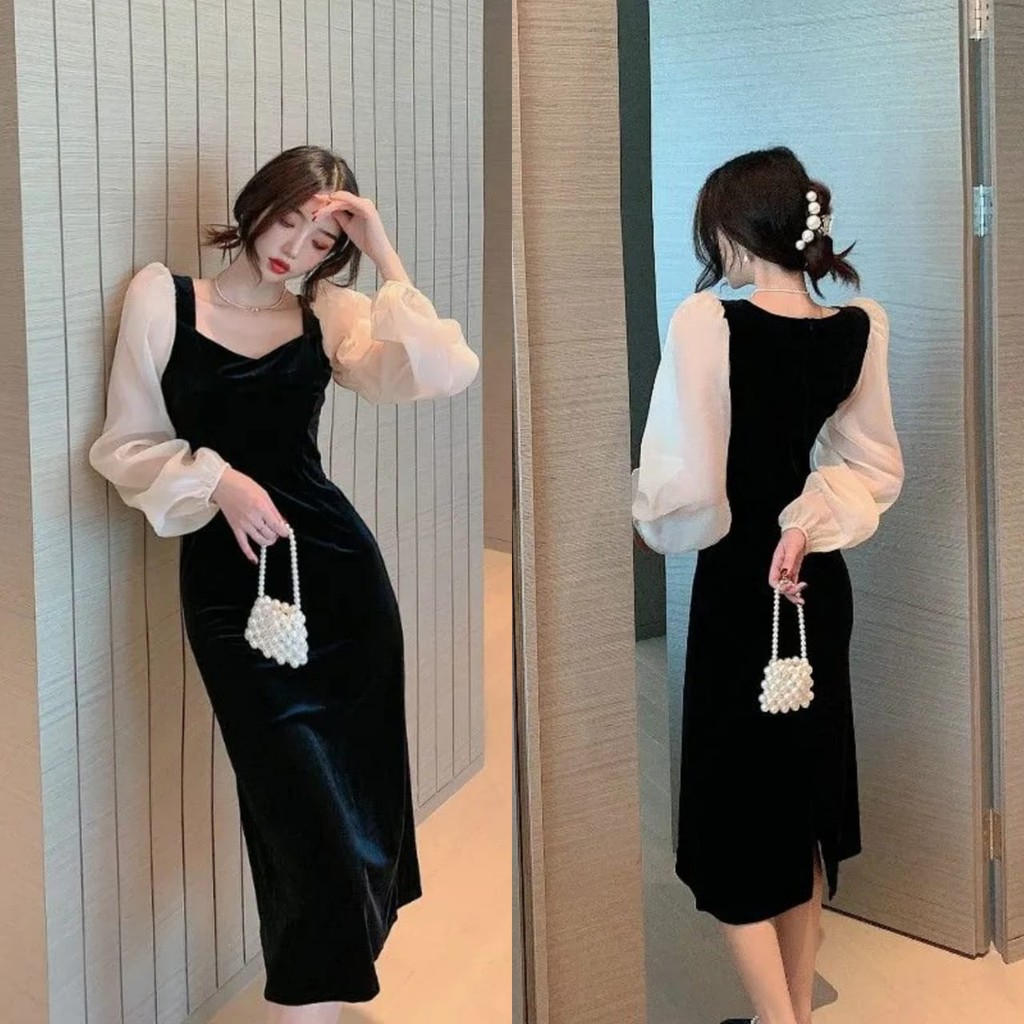Korean Velvet Midi Dress 1173 (Size S/M/L) Shopee Indonesia