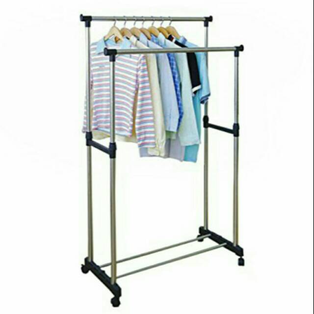 Rak gantungan baju portabelDouble pole clothes rackhanger pakaian