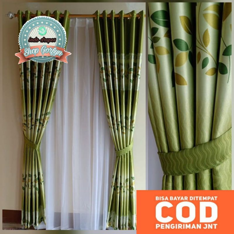 Gorden Pintu Jendela Blackout Printing Hijau Model Smokring Ukuran