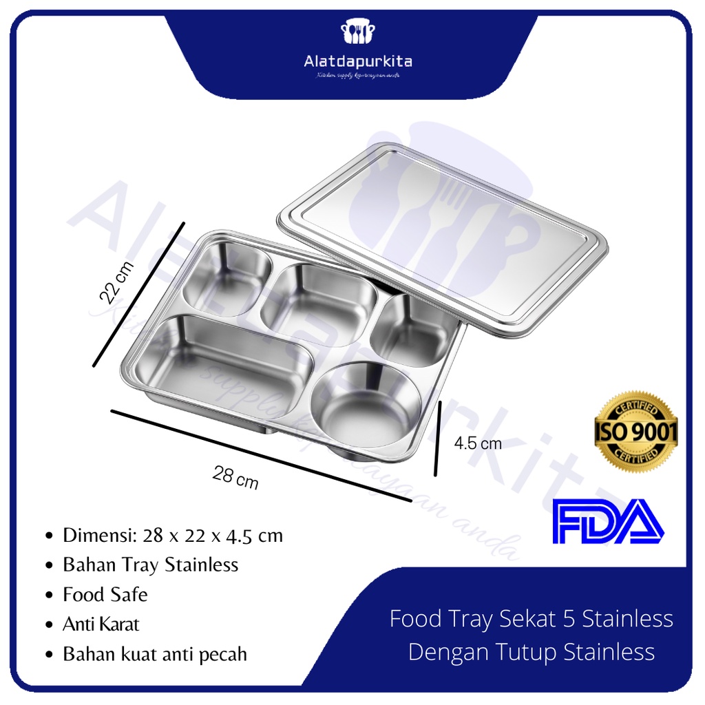 Jual Food Tray Piring Stainless Steel Lunch Box Set 5 Sekat Tebal