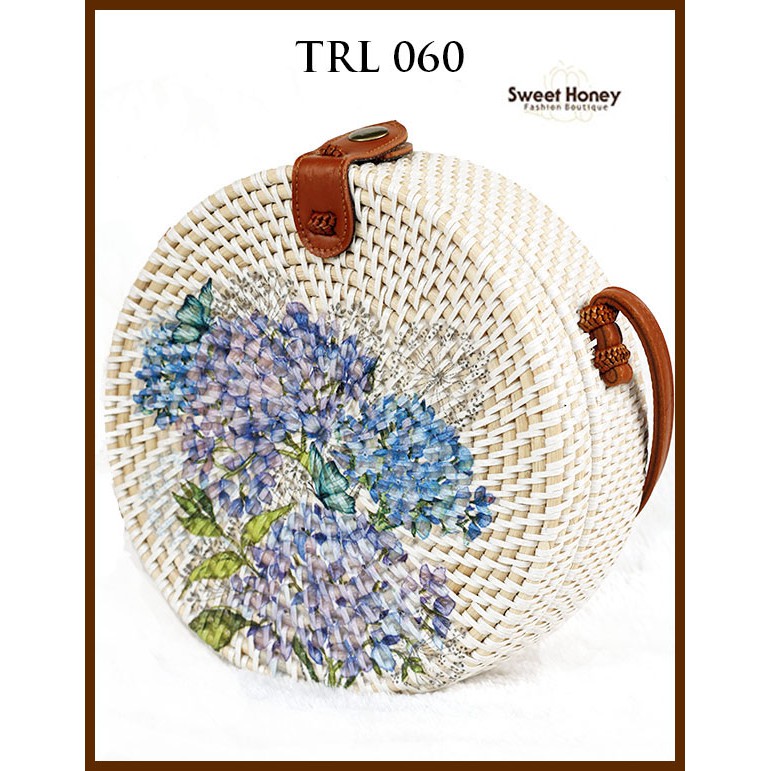 Sweet Honey Tas Rotan Bulat Murah 20cm Lukis Motif Bunga TRL060 [Bisa COD Bayar di tempat