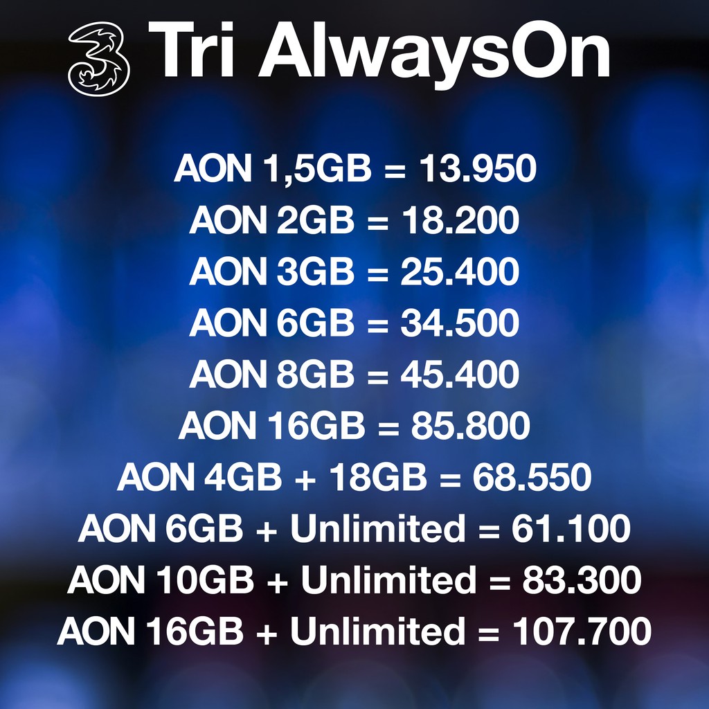 Kuota Tri 3 Three AON 1,5GB 2GB 3GB 6GB 8GB 10GB 16GB 22GB Always On Paket  Data Internet Unlimited | Shopee Indonesia