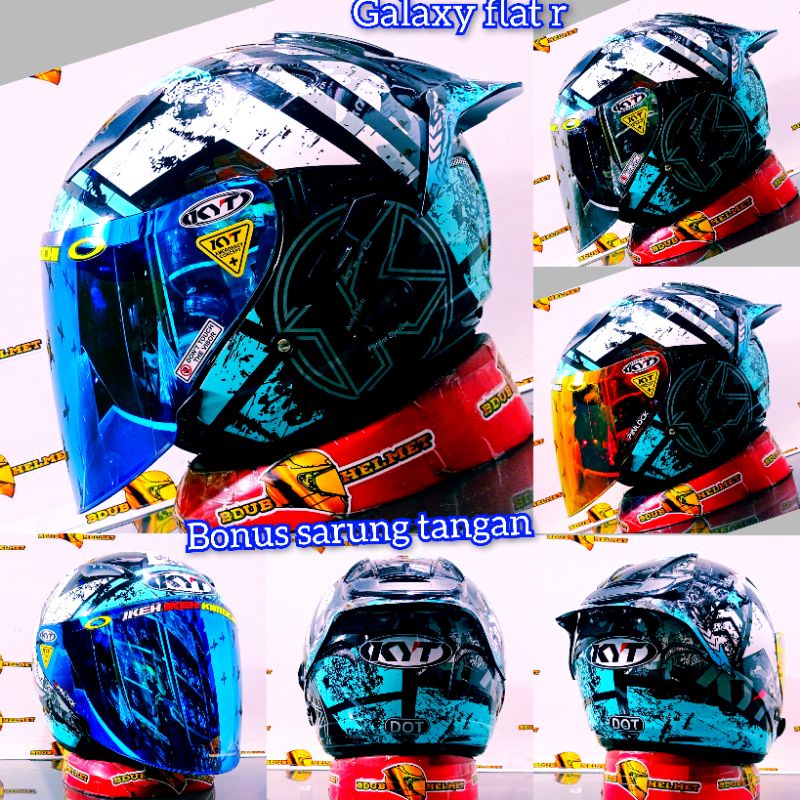 Jual HELM KYT GALAXY FLAT R MOTIF 5 AQUA BLUE PAKET GANTENG KACA FLAT