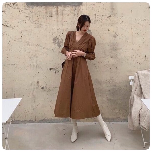 Jual Dress Maxi / Long Dress Leher V Coklat Kopi / Hijau | Shopee Indonesia