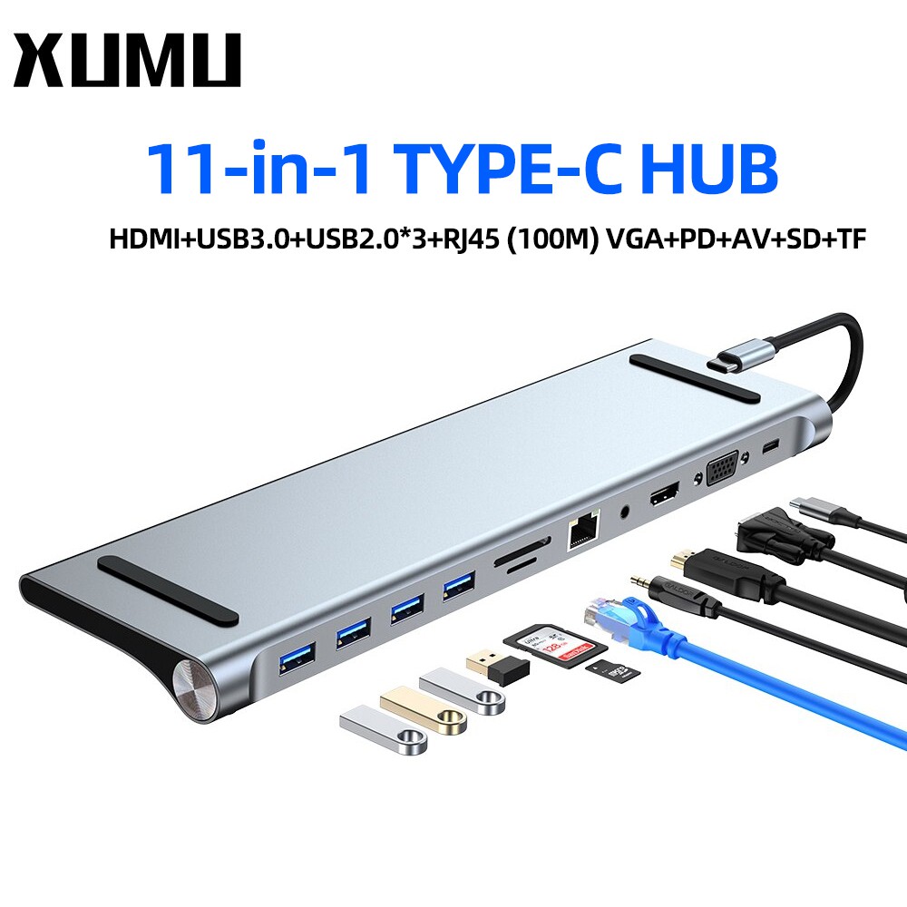 Jual Xumu 11In1 Type C Docking Station Expands Adapter Usb 3.0 Hub Connector For Laptop Pc Computer Macbook Android Phone Pd 100W Fast Charge 3.5Mm Audio Port Rj45 Hdmi Tf/Sd Card Vga