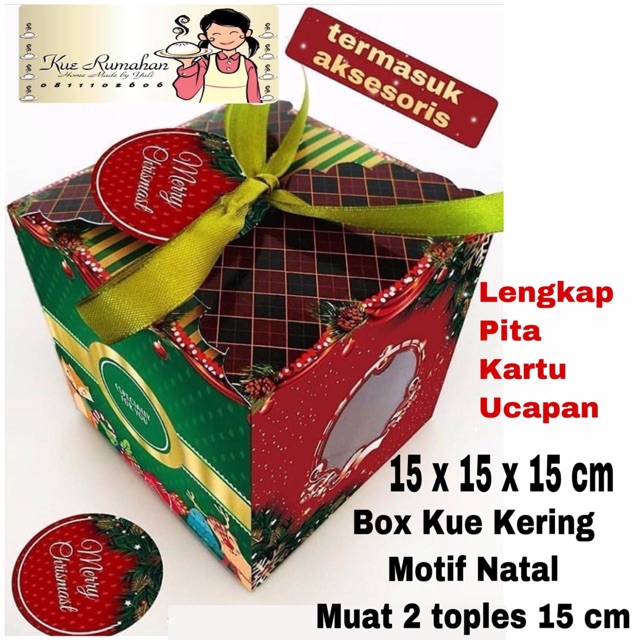 Box hampers kue kering 15x15x15 motif Natal muat 2 toples 500gram