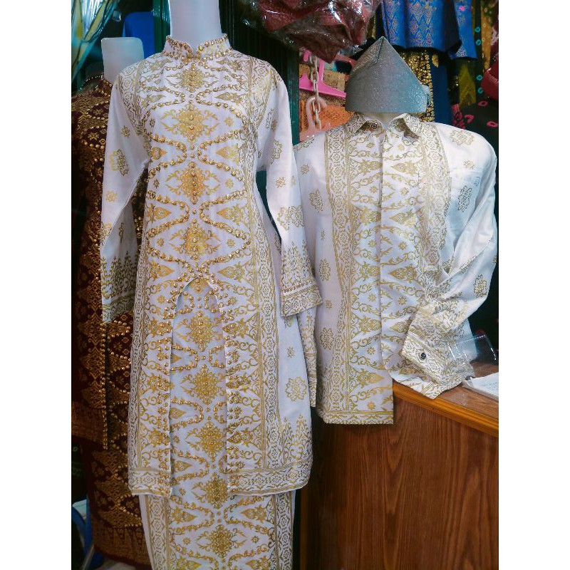 Jual couple Set Songket Palembang Kurung u putih gold mewah dan terbaru-baju  kondangan modern Indonesia|Shopee Indonesia