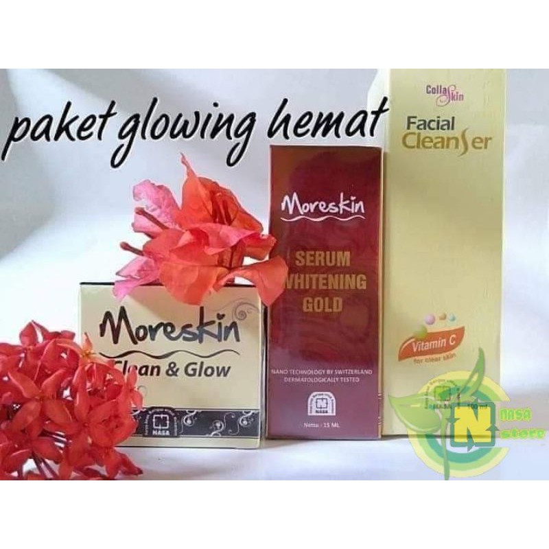 Jual Paket Glowing Moreskin Clean and glow Moreskin Serum Gold Collaskin facial Cleanser