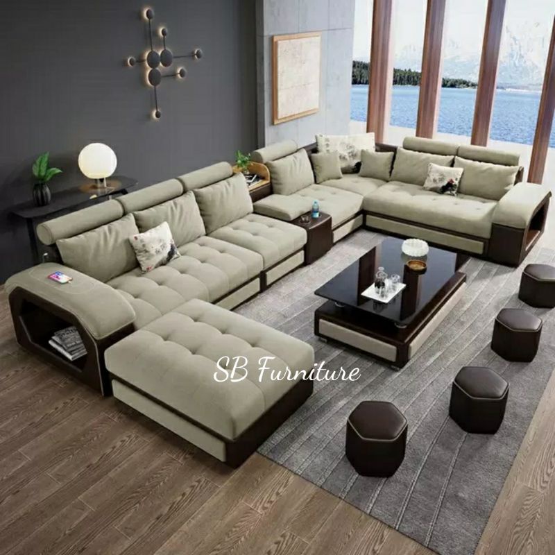 Jual Sofa Ruang Tamu Warna Cream Coklat Plus Tempat Minum Bonus 11 Bantal Busa Meja Kaca Kursi Letter U | Shopee Indonesia